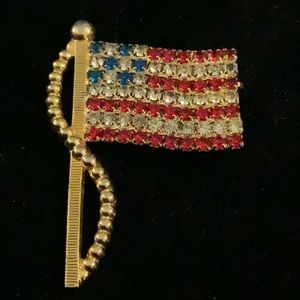 Gold Tone Rhinestone Flag Brooch, Vintage Red White & Blue Pin, 4th of July Pin